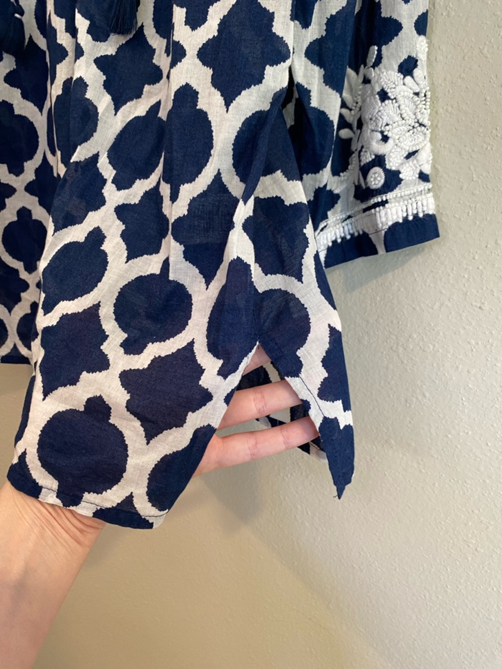 Talbots Navy White Lattice Embroidered Tunic Cotton Boho Peasant Top Size Medium - Picture 9 of 10